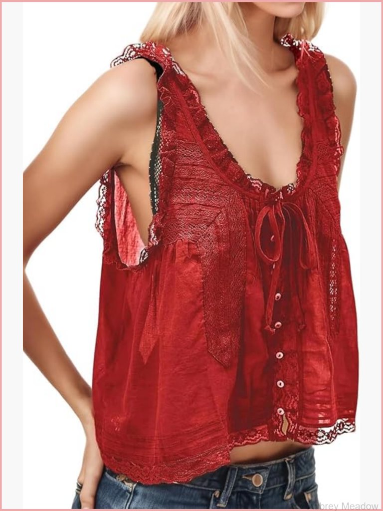 Women Boho Lace Tie Front Tank Beach Vacation Top Button Down Sleeveless
